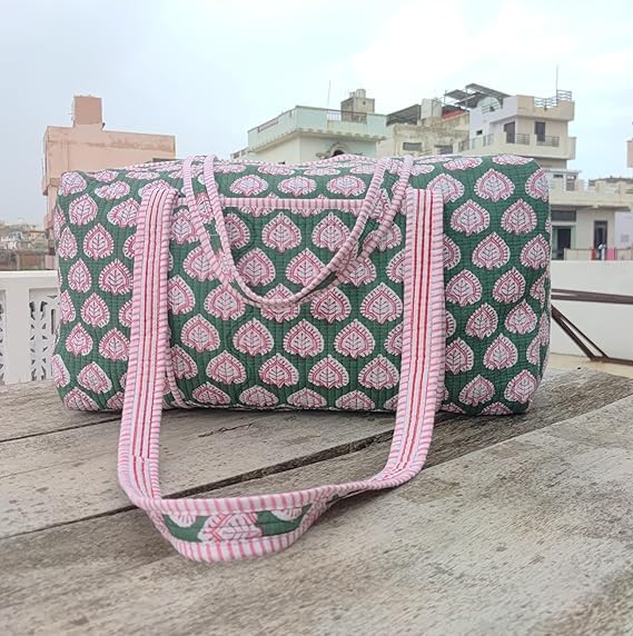 Hand Block Print Cotton Quilted Duffle Bag, Handmade Weekender Bag Decorative Colorful Travel Overnight Bag, Large Size Indian Floral Print Quilted Bags Gift For Her3