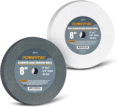 POWERTEC 15527 - Rueda abrasiva de óxido de aluminio 8 x 1 pulgada con árbol de 58 pulgadas grano 36 y grano 100 blanco paquete de 2