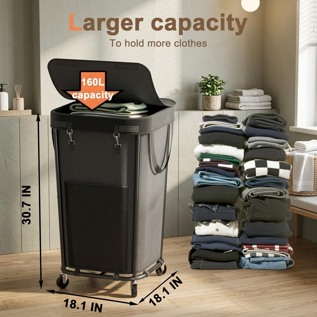 Homedepal 160L Rolling Laundry Basket with Wheels & Removable Bag - Easy‑Move Hamper for Bathroom and Laundry Room (160L Black with Cover)