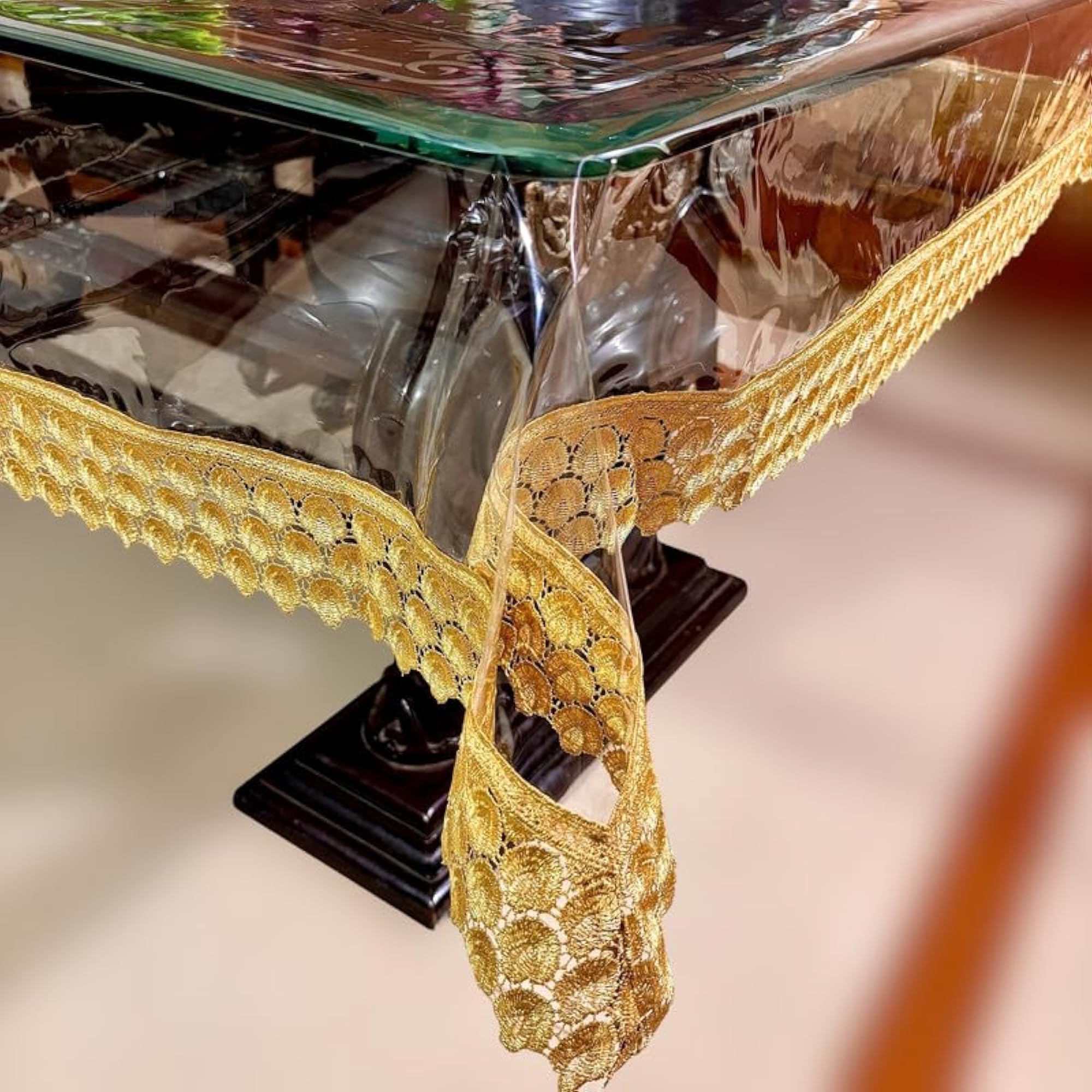 Transparent 6 Seater Dining Table Cover with Gold Lace