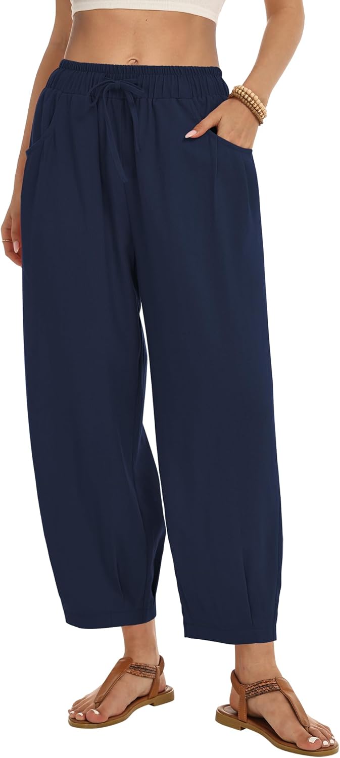 ZJCT Womens Linen Wide Leg Pants Summer Casual Palazzo Pants Drawstring Ankle Length Beach Harem Trousers with Pockets