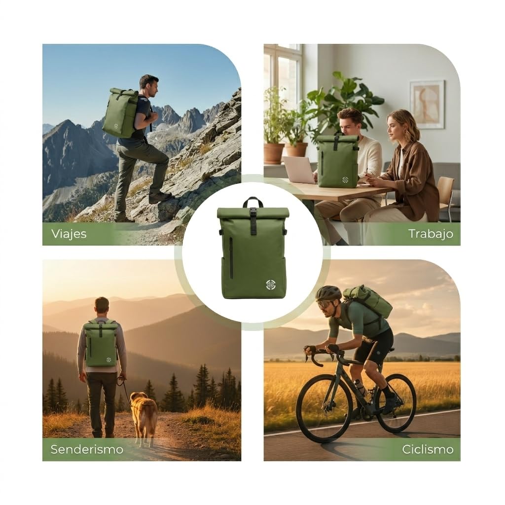 Zaino arrotolabile, impermeabile, espandibile, 20-25 l, con accesso rapido, portatile, casual, unisex, leggero, organizer, maniglia torlley, spallacci imbottiti, viaggi, lavoro, università, Verde