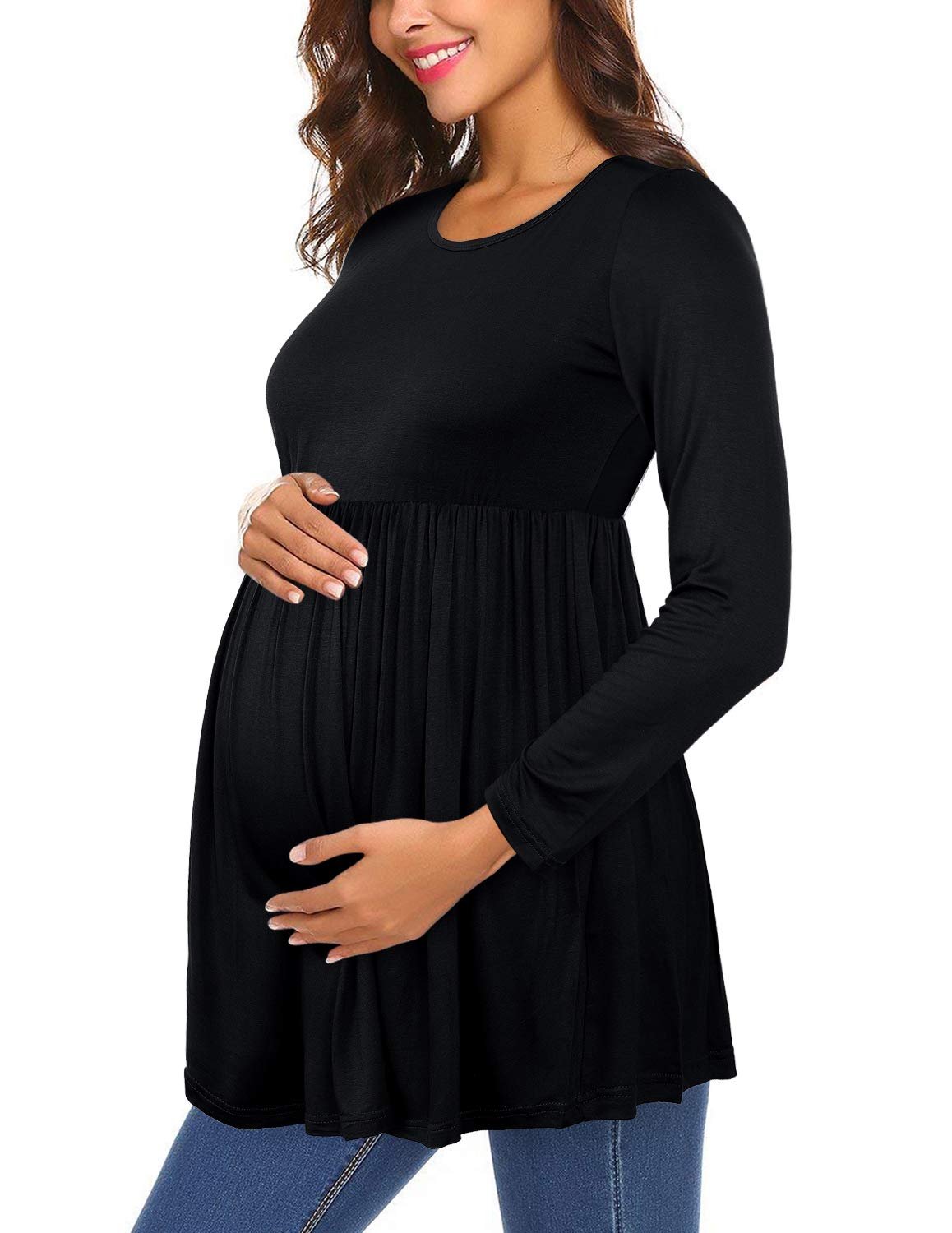 Womens Flattering Maternity Tops Comfy Short Sleeve Pleated Pregnancy Shirt