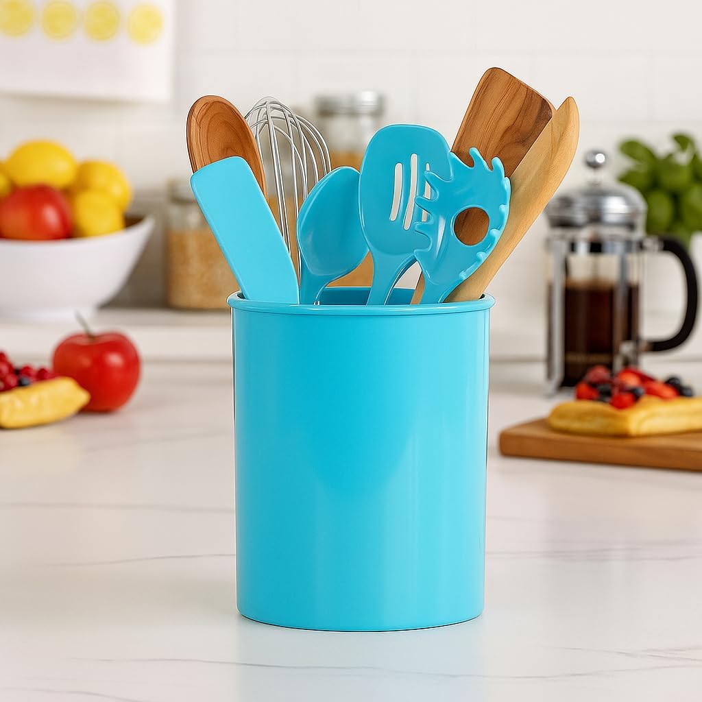 Reston Lloyd Extra-Large Multipurpose Utensil Crock for – BPA-Free Plastic Kitchen Tool Holder for Countertop, Camping, RV, Craft Desk, Wine Cooler, Garden, Patio Organizer - Aqua-Blue