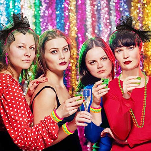 Kulannder 80s Fancy Dress Costume Accessories For Women And Girls, Retro Women Dresses Party With Neon Rainbow Dress Glove Neon Bracelets Necklaces Lace Bow Headband For 80s Party (6 Pieces) - Image 3