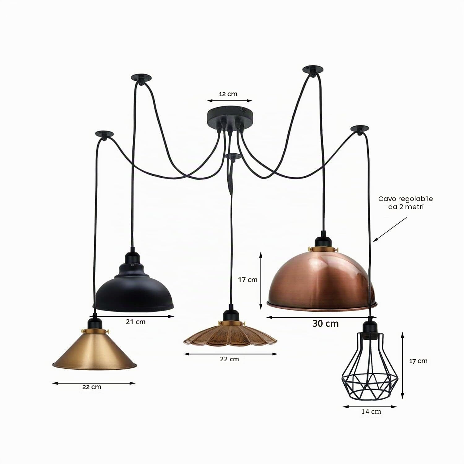 LEDSone Lampadario a sospensione industriale a 5 luci con attacco E27, paralume multiplo, fai da te, lampadario a soffitto Sputnik, per soppalco, soggiorno, camera da letto, corridoio