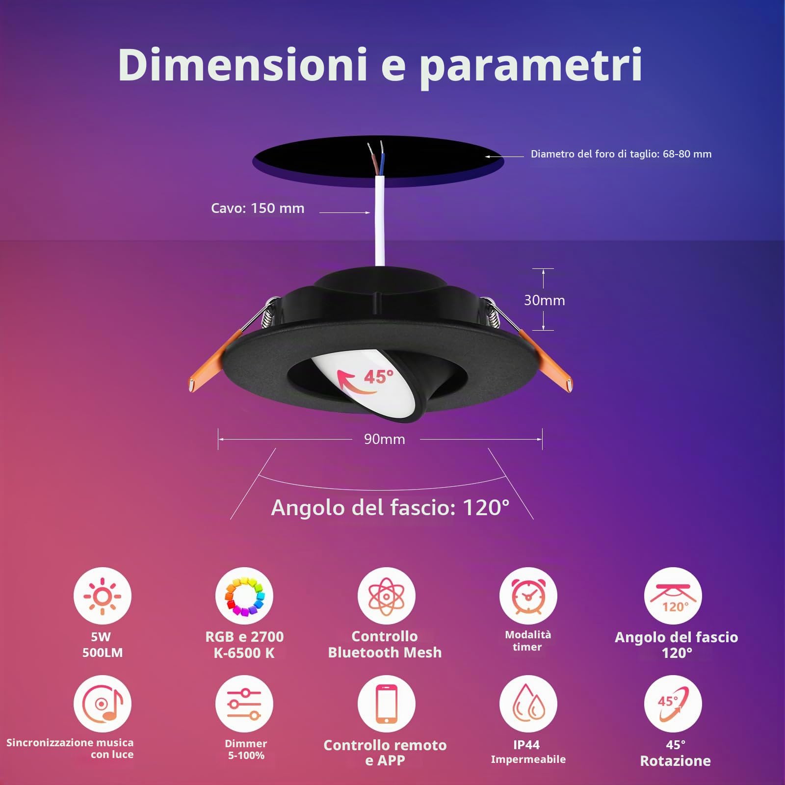 GeyouLux Faretti da Incasso LED RGB, Faretti Intelligenti 230V 2700K-6500K Dimmerabili con APP e telecomando, 68-80mm 5W IP44 Plafoniere, Orientabili a 45° Faretti da Incasso Neri per Bagno, 6 Pezzi