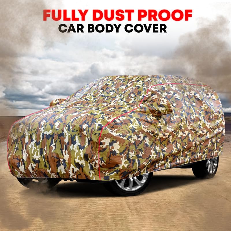 Image of Waterproof Car Body Cover for Maruti Suzuki Eeco - Dust & UV Proof with Mirror Pocket and Soft Cotton Lining (Full Bottom Elastic & Triple Stitched) (Military Jungle Print, Camouflage Design)