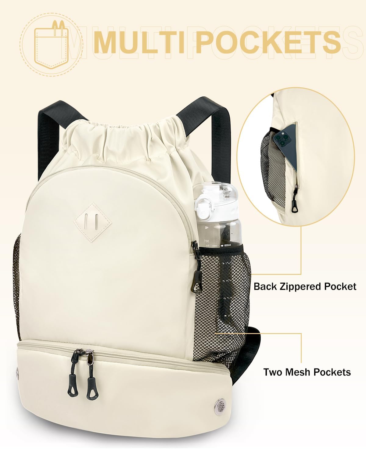 Drawstring Backpack Gym Backpack with Shoe Compartment for Men Women String Sports Bag with Wet Pocket Cinch Swim Beach Bag, Beige (Patent Pending) - Image 3