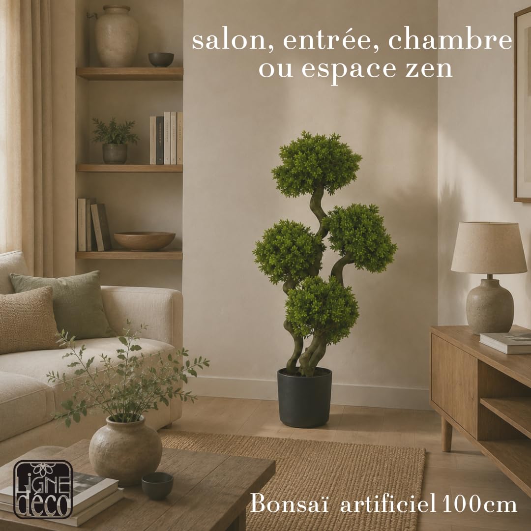 Ligne Déco – Bonsaï Artificiel 100cm | Pot Plastique Noir Intérieur Imitation Terre
