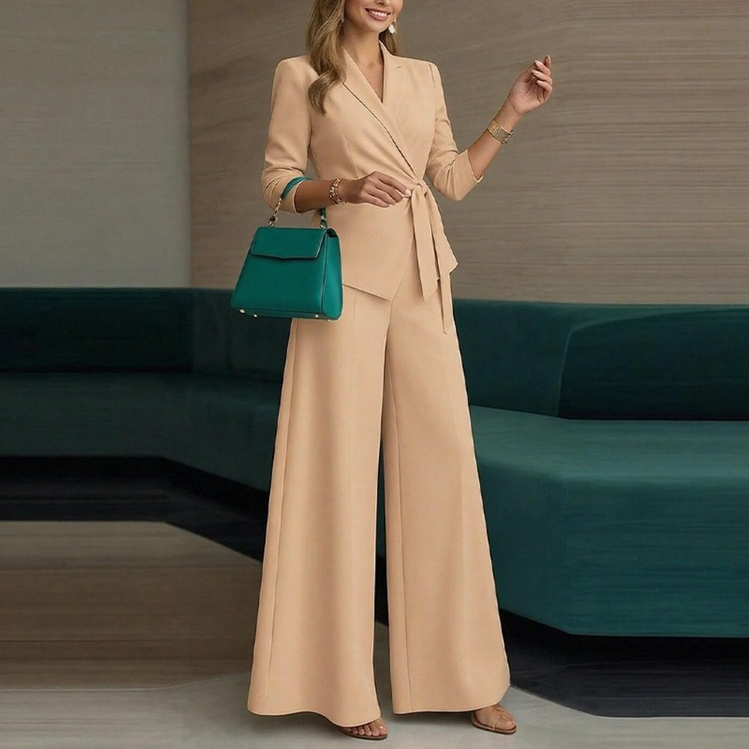 Women's Tie Front Long Sleeve Blouse and Wide Leg Pants Outfit