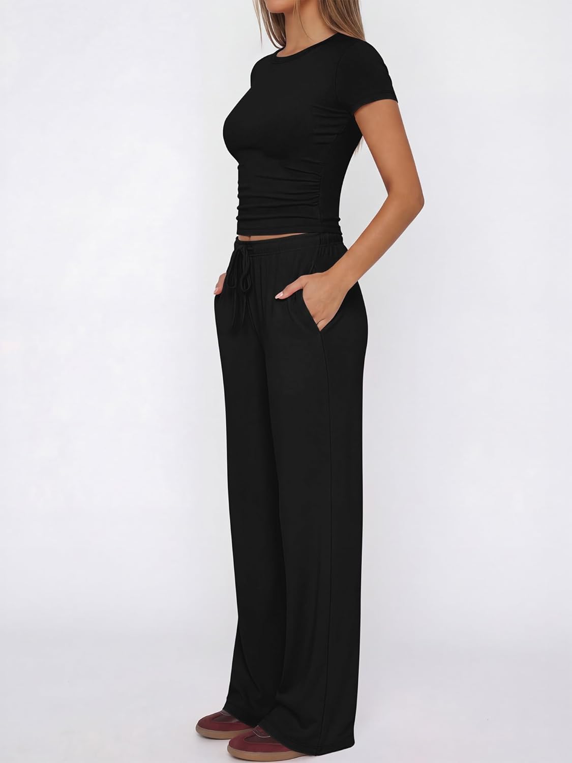 ANRABESS Women's 2 Piece Summer Matching Lounge Sets Wide Leg Pants Ruched Crop Tops Sweatsuits Sets Spring Travel Clothes - Image 3