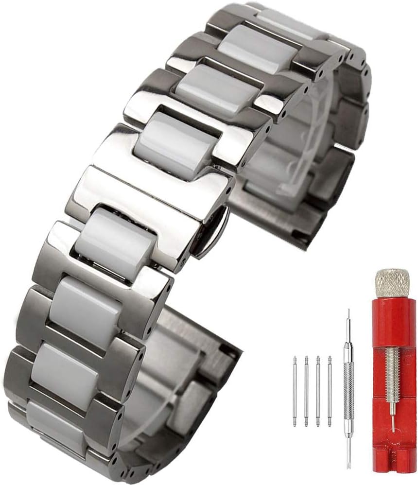 White Ceramic Watch Strap Bracelet Classy Watch Band Rose Gold Stainless Steel Bracelet Butterfly Clasp Push Button 18mm Watch Replacement for Men Women