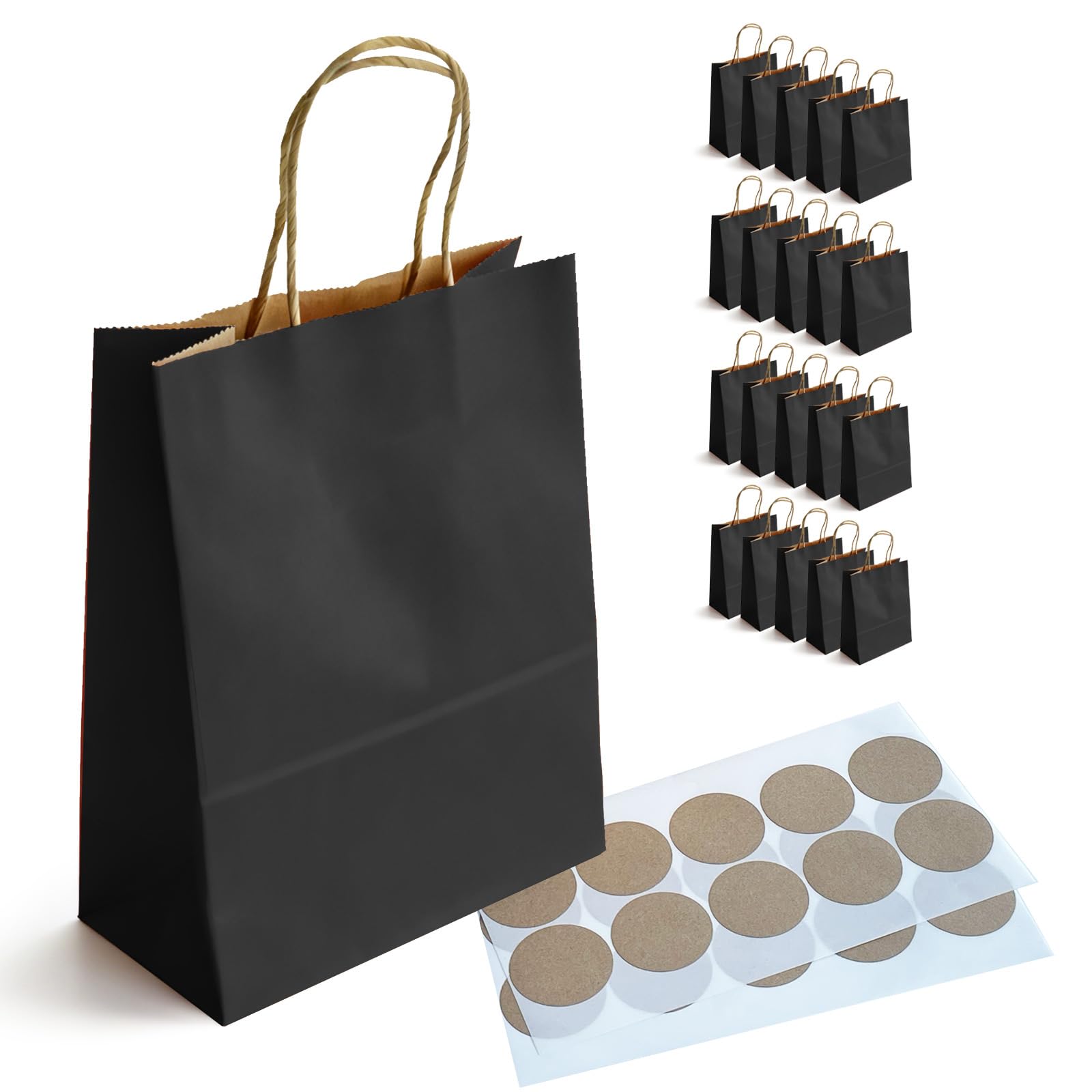 BaiMoure Paper Gift Bags with Handles, 20 Pack Black 150GSM Thick Medium Kraft Bag, Brown Stickers, 21x11x27cm Reusable Heavy Duty Carrier Bags for Birthday, Wedding, Shopping, Party Favors