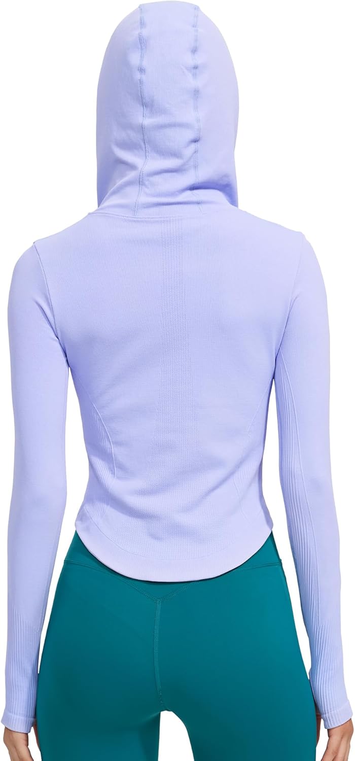 Womens Hooded Athletic Long Sleeve Running Shirts Workout Yoga Tops with Thumb Holes Slim Fit - Image 7