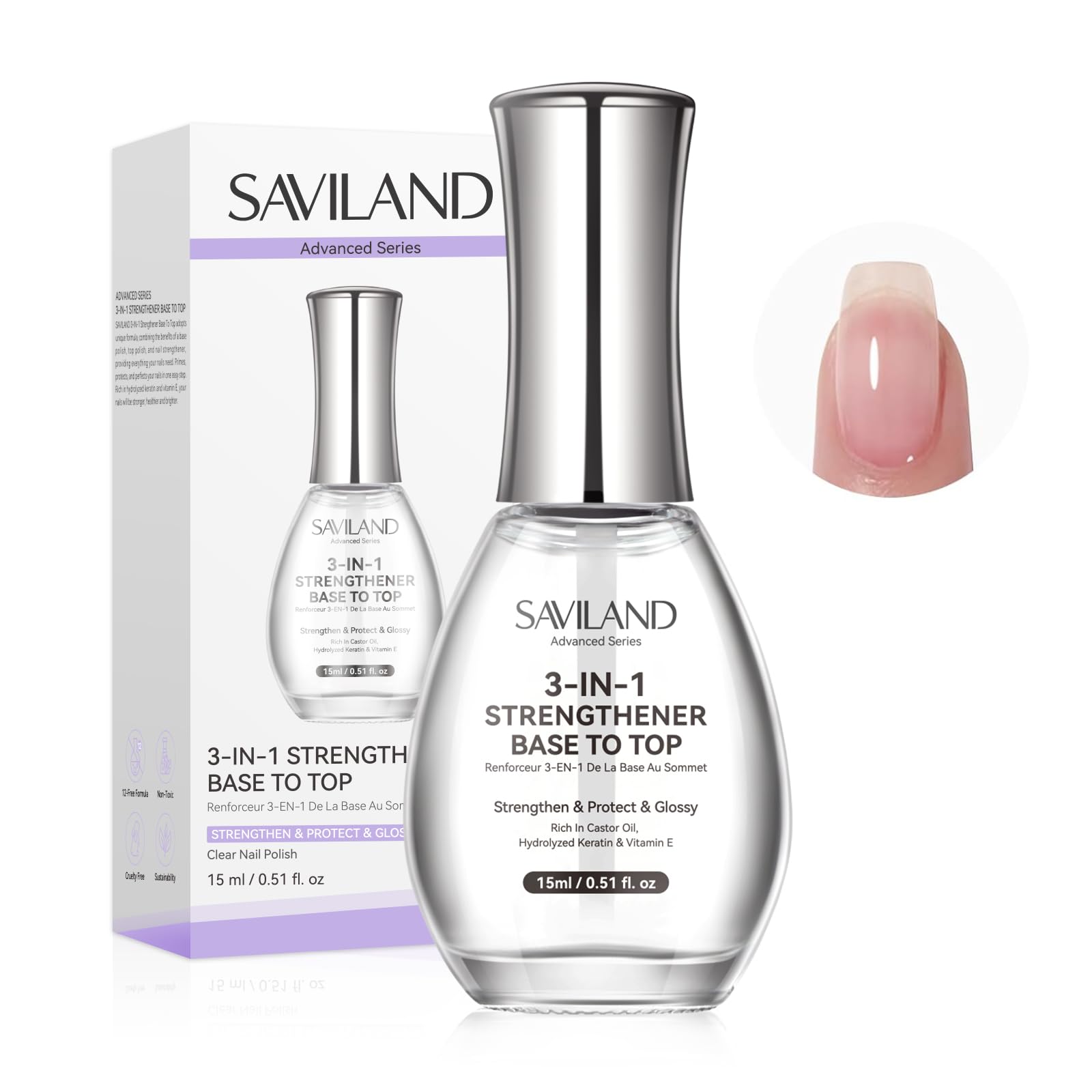 SAVILAND 3-in-1 Clear Nail Polish Base & Top Coat & Nail Strengthener 15ml