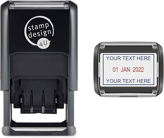 Personalised SD4U Self Inking Word and Date Stamp - Wording at Top and Bottom of Date in Blue Ink, Date in Red Ink