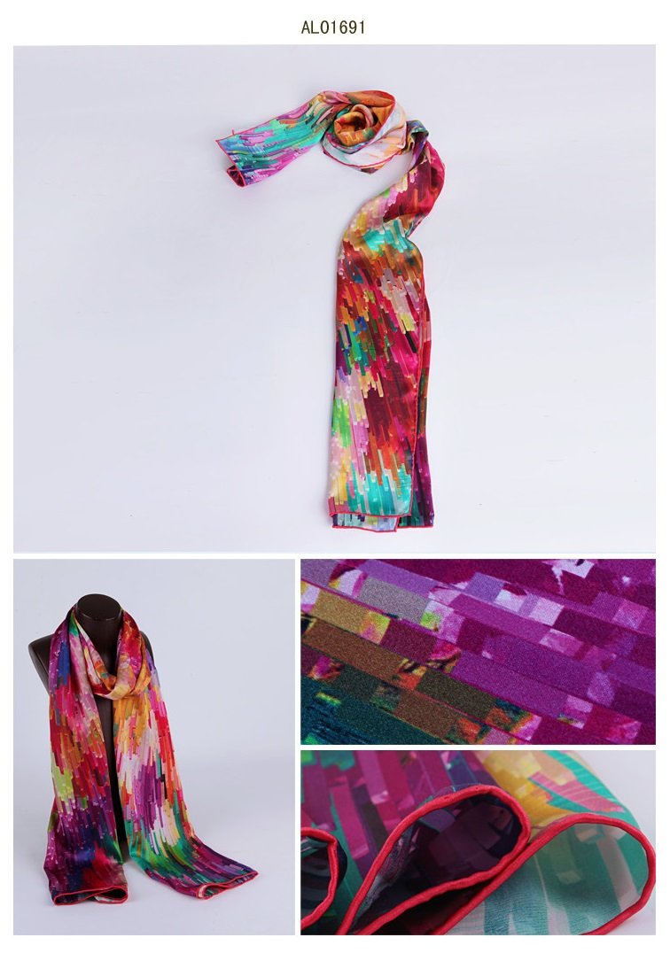 Écharpe en soie pour femme - Pour le printemps et l'automne - 178 x 53 cm de long - Réutilisable - Violet multicolore, violet multicolore, 178 x 53 cm