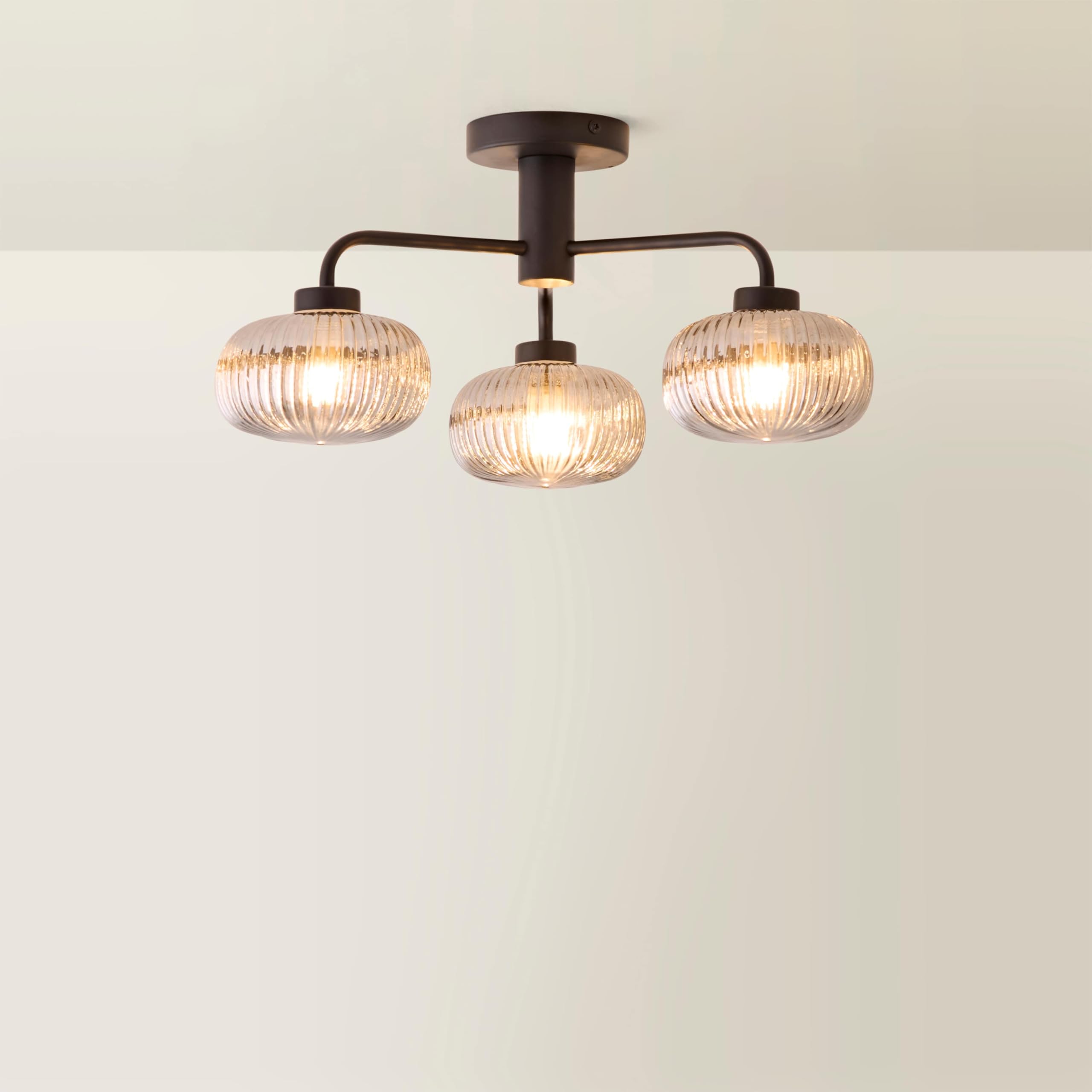 Valuelights Black | Matt 3 Way Ceiling Light Fitting With Smoked Ribbed Lampshade | Close-To-Ceiling Lights, Home Décor & Improvement Essential | Ip44 Bathroom | Mains Wired