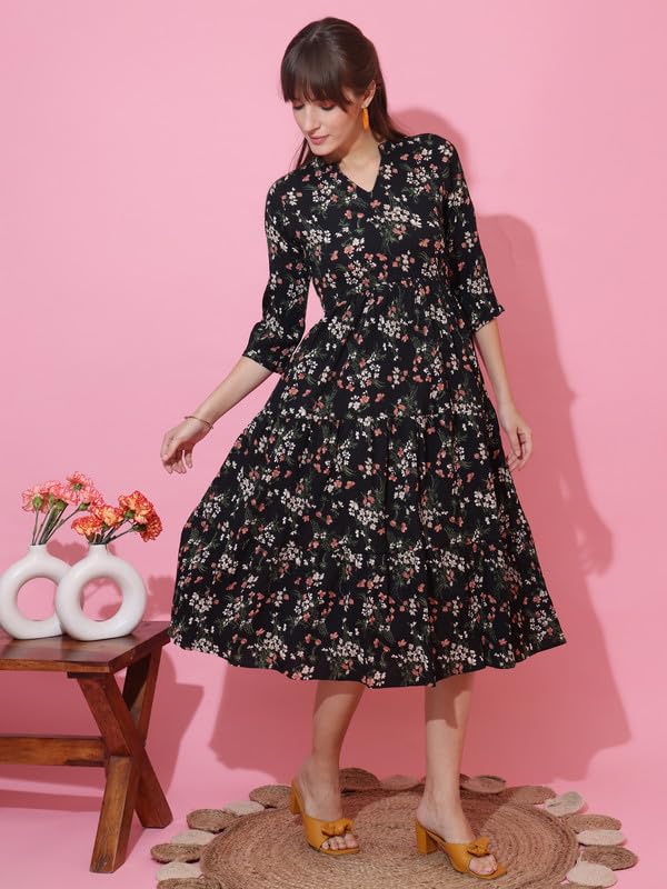Image of Sheetal Associates Women's Casual 3 /4 Sleeve Crepe Fit and Flare Dress| Comfortable Relaxed Fit Summer Party Dress