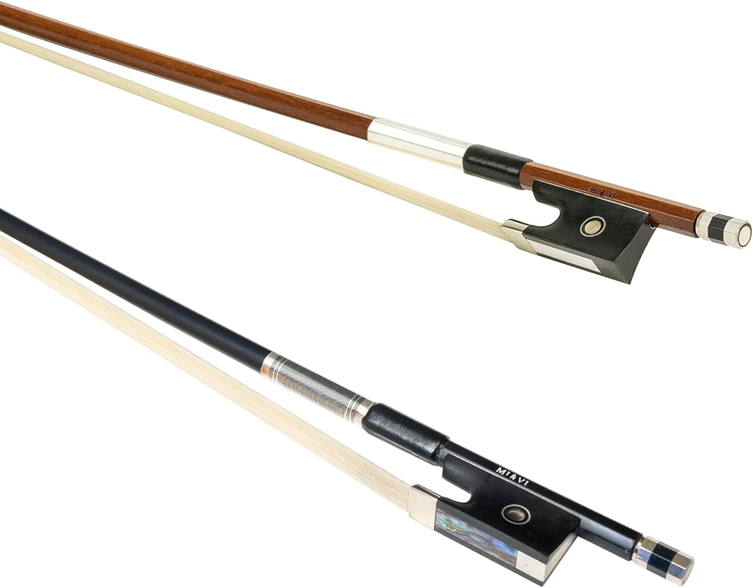 MI&VI Two Classic Brazilwood & Carbon Fiber Violin Bow 4/4 (Full Size) Set with Ebony Frog | Octagonal Silver Mount | Mongolian Horse Hair | Golden Weight (2 Piece Set)