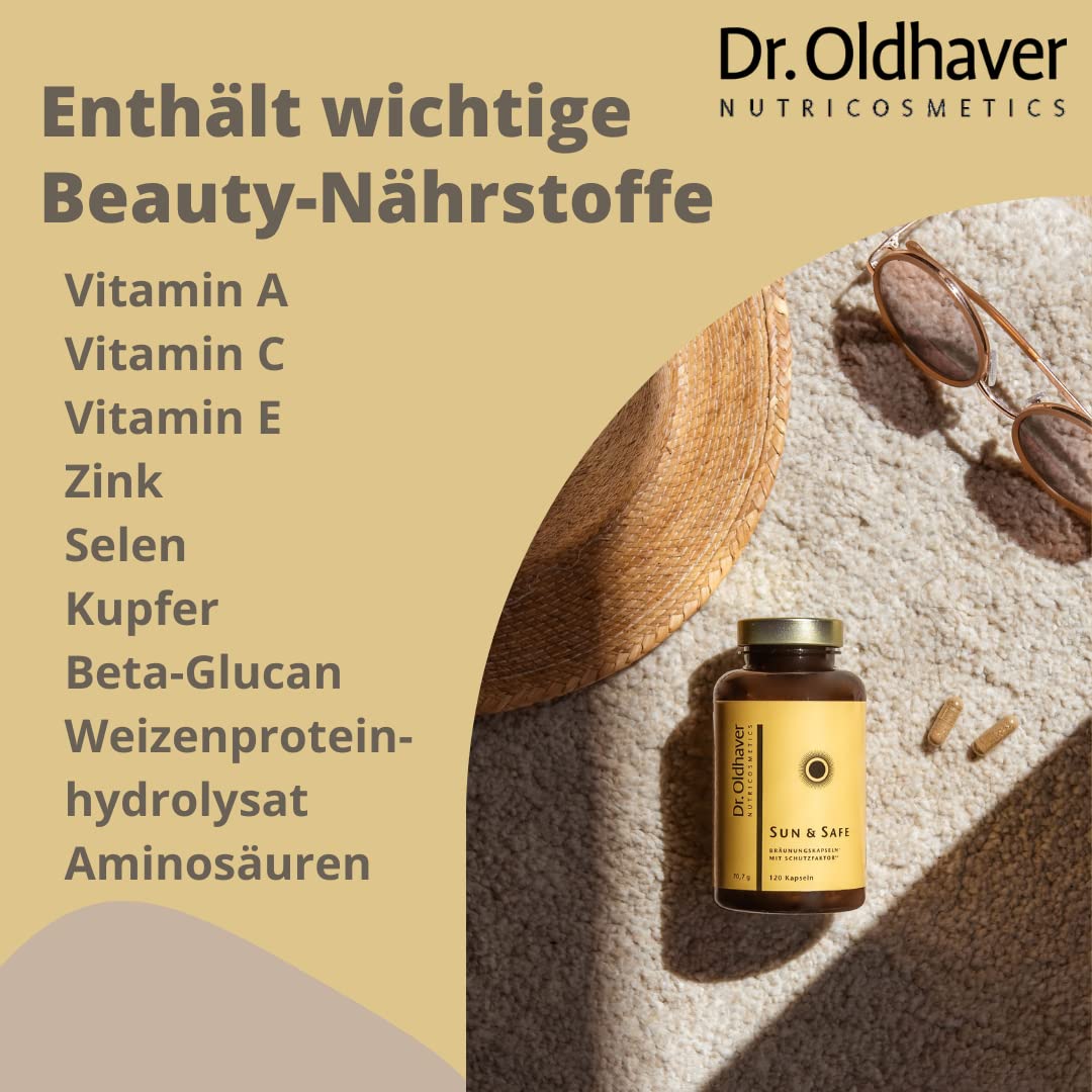Dr. Oldhaver Sun & Safe Bräunungskapseln Beta-Carotin Tabletten mit UV-Schutz, Kapseln für natürlich braunen Teint, 120 Kapseln