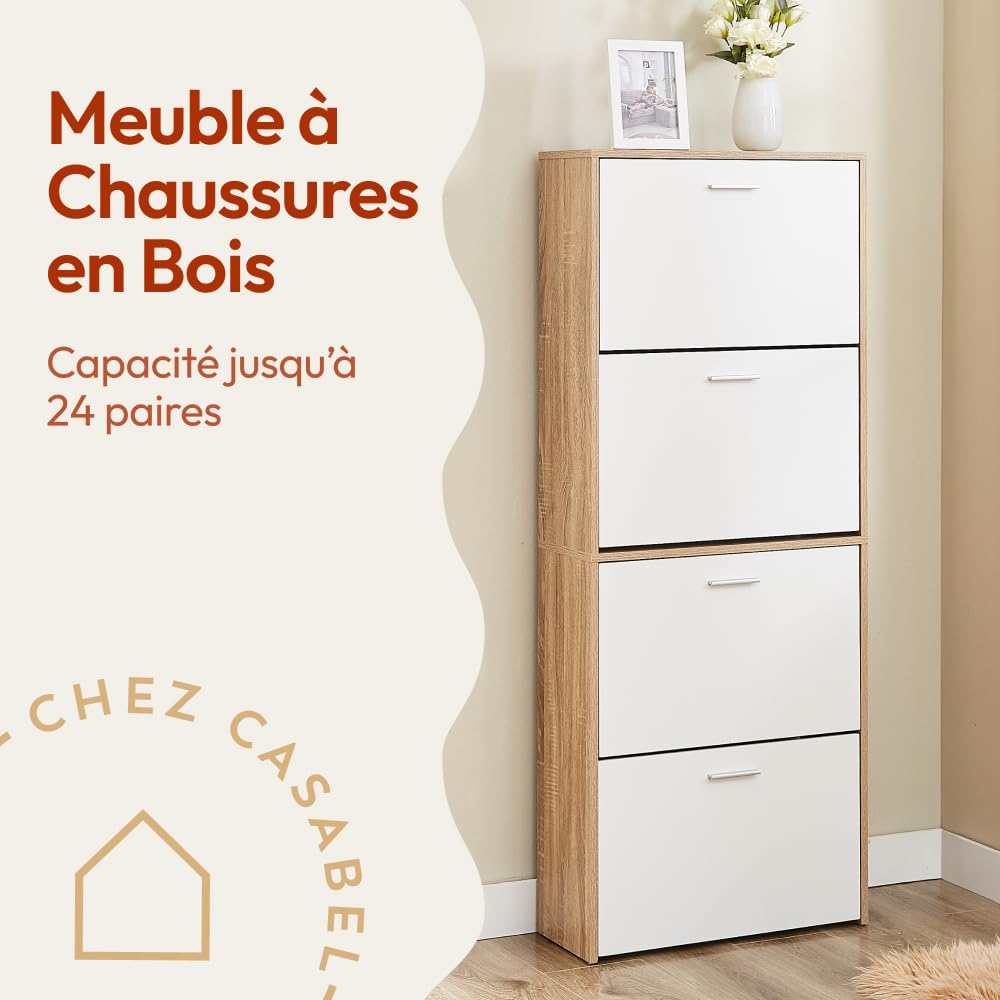 CASABEL Meuble à Chaussures Compact 24 Paires, Blanc et Bois Clair