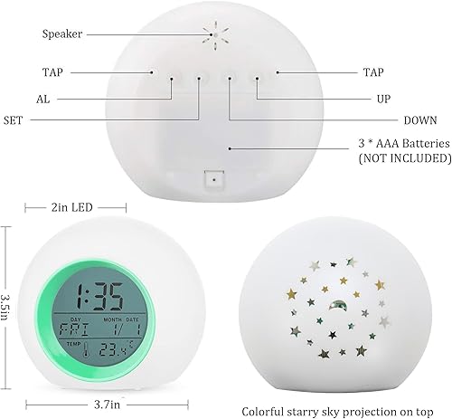 Miniatura 2 de Tarklanda Reloj despertador para niños, proyector de estrellas de luna, luz nocturna que cambia de color, control táctil de temperatura para el