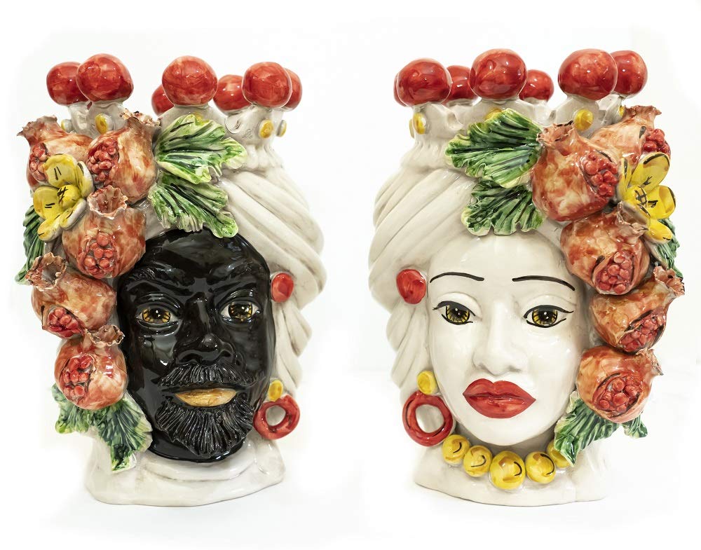 Coppia teste di moro Caltagirone con melograni in ceramica siciliana vasi grande H 30 cm
