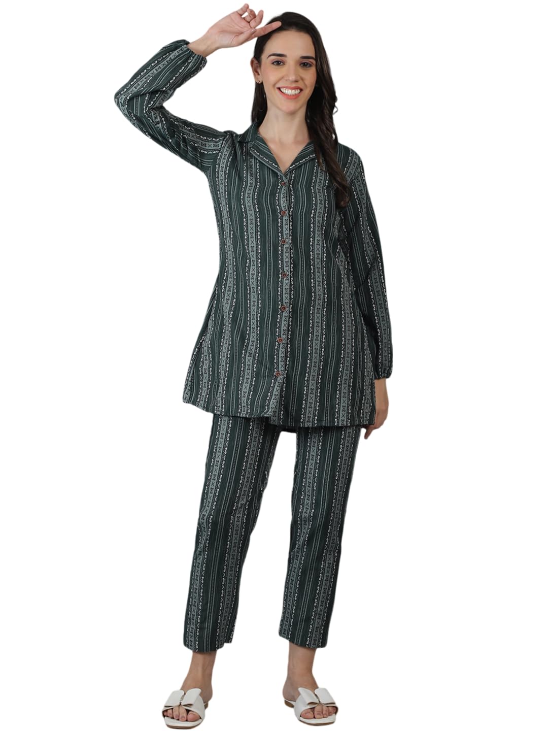 Bottle Green Printed Women's Cotton Women's Set-image-10