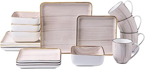Miniatura 7 de Stone + Lain Esmeralda - Juego de vajilla de porcelana para 4, 16 piezas, diseño cuadrado marrón cepillado