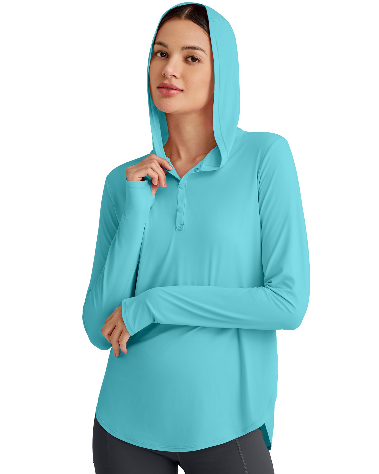 G4Free Rash Guard for Women Long Sleeve Hiking UV Protection Hooded Sun Shirts UPF 50+ Workout Tops Lightweight Tshirts with Thumbholes(Lake Blue,M)