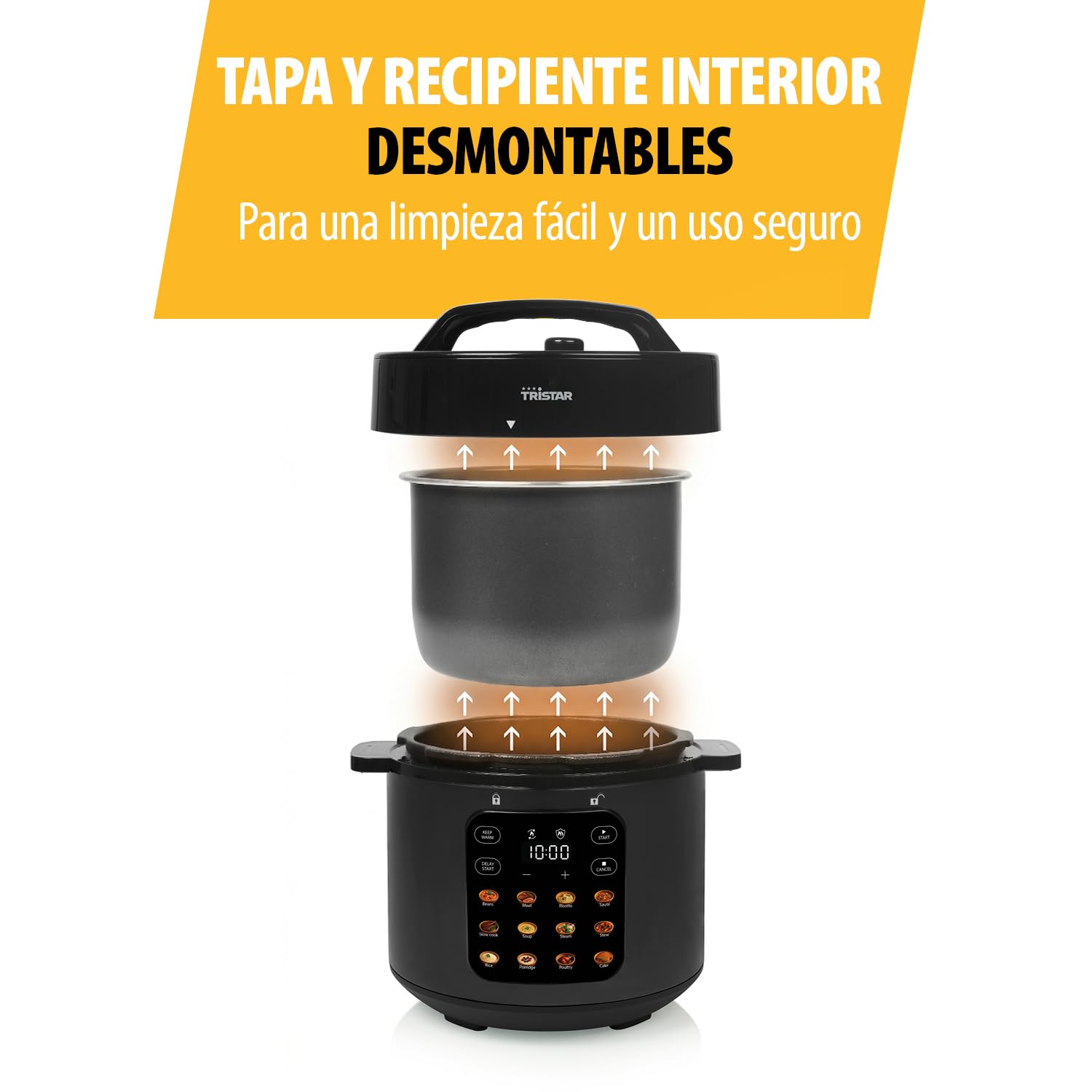 Olla a Presión Eléctrica Tristar, Capacidad de 6 l, Potencia de 1000 W, Funciones de Seguridad Integradas, Cubeta Extraíble, Fácil Limpieza, RK-6160