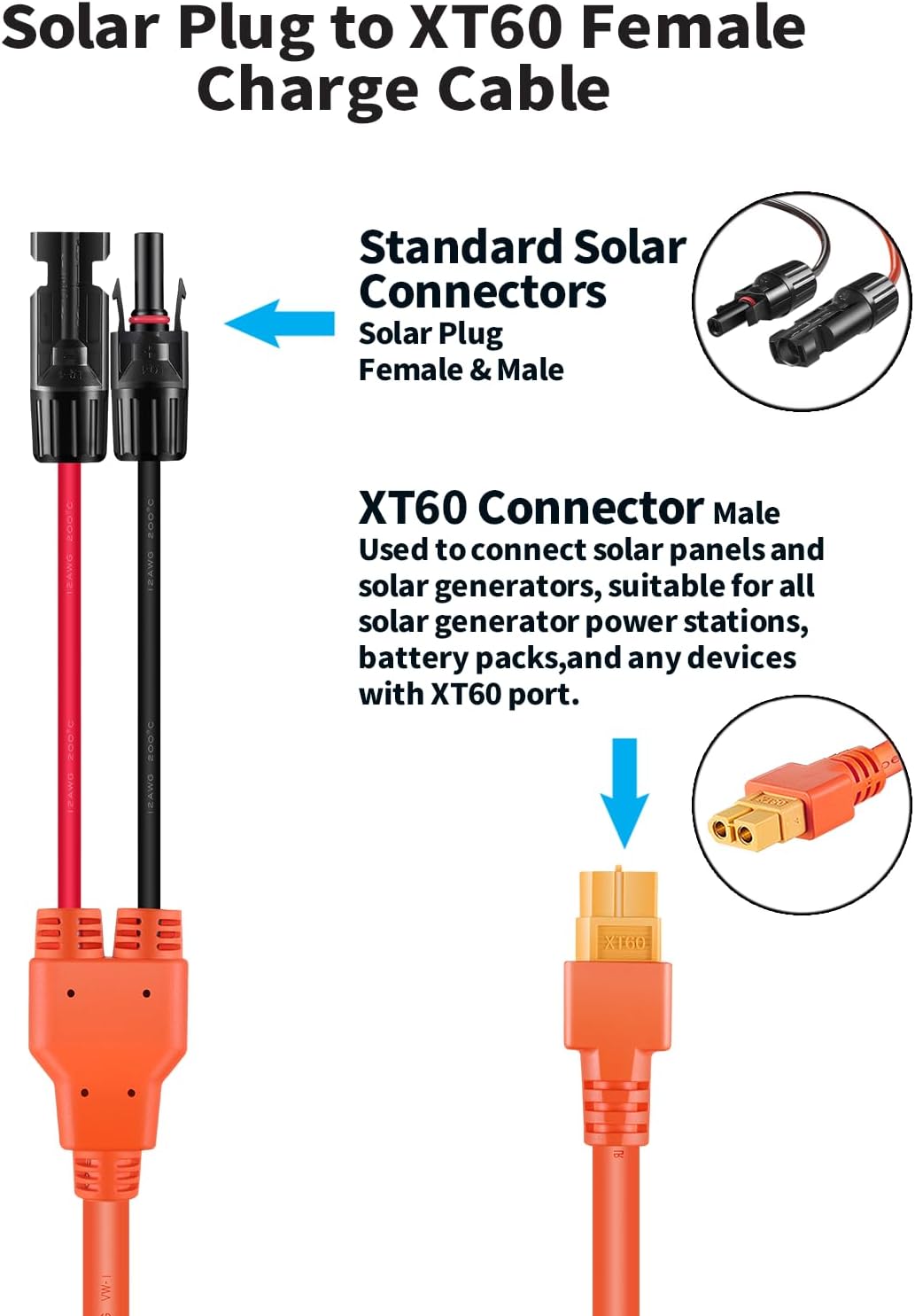 Tonton 12AWG Solar to XT60 Charge Extension Cable 26.4FT 8M, Connector Adapter for Panel, LiFePO4 Battery RV Portable Power Station Ecoflow Generator