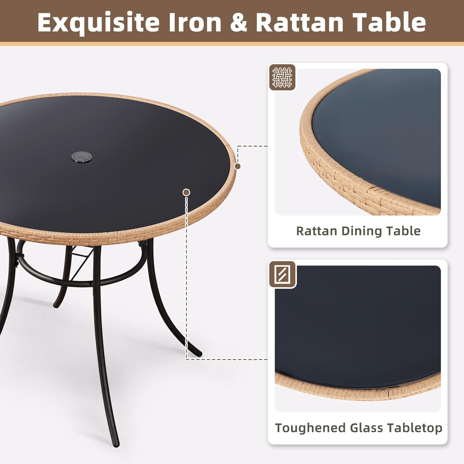 35.6" Round Patio Desk, Outdoor Wicker Dining Table with Umbrella Hole, Tempered Glass Top for 4-5 Persons, Bistro Rattan Furniture Garden Tables for Balcony, Backyard - Black Metal Steel Slat
