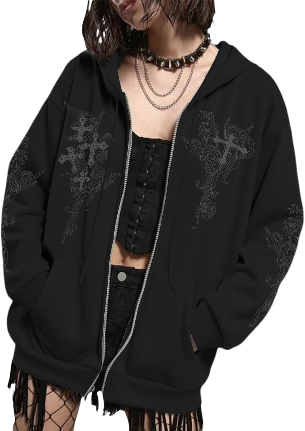 Zip Up Hoodies Y2k Jacket Graphic Gothic Jackets Grunge Cross Hoodie Baggy Streetwear Emo Sweater Aesthetic Clothes - Image 4