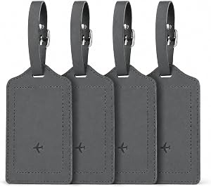 4 Pack Luggage Tags,Premium Leather Travel Bag Labels, Privacy Protection Suitcase Baggage Tags with Name ID Card, Adjustable Buckle Strap for Travel (Black)