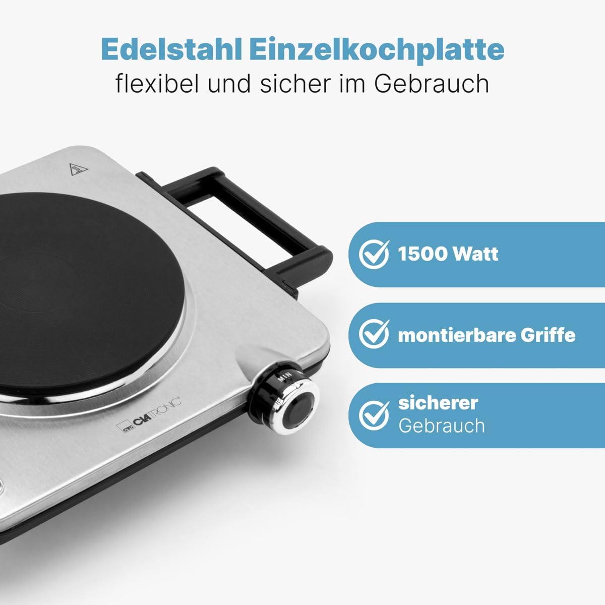 Close-up of Clatronic EKP 3788 hot plate showing 1500 Watt power, mountable handles, and safe operation