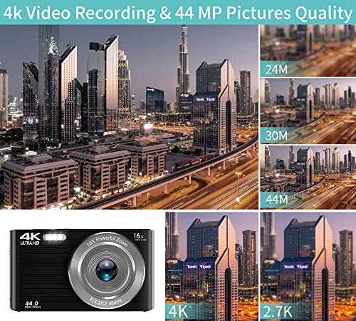 Saneen Digital Camera, 4K Cameras For Photography, 44Mp Compact Point And Shoot Photography Cameras For Teens, Kids, Elder, Beginners, 16X Digital Zoom, With 32Gb Sd Card & 2 Batteries - Black #TOP1