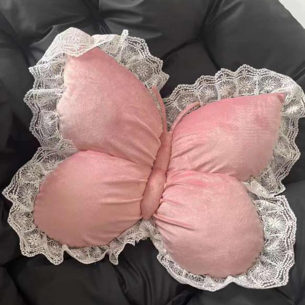 Butterfly Throw Pillow,21.6 inch Velvet Butterfly Decorative Pillow with Lace Trim,Animal Pillow for Couch Living Room Bed,Home Garden Decor (Pink)