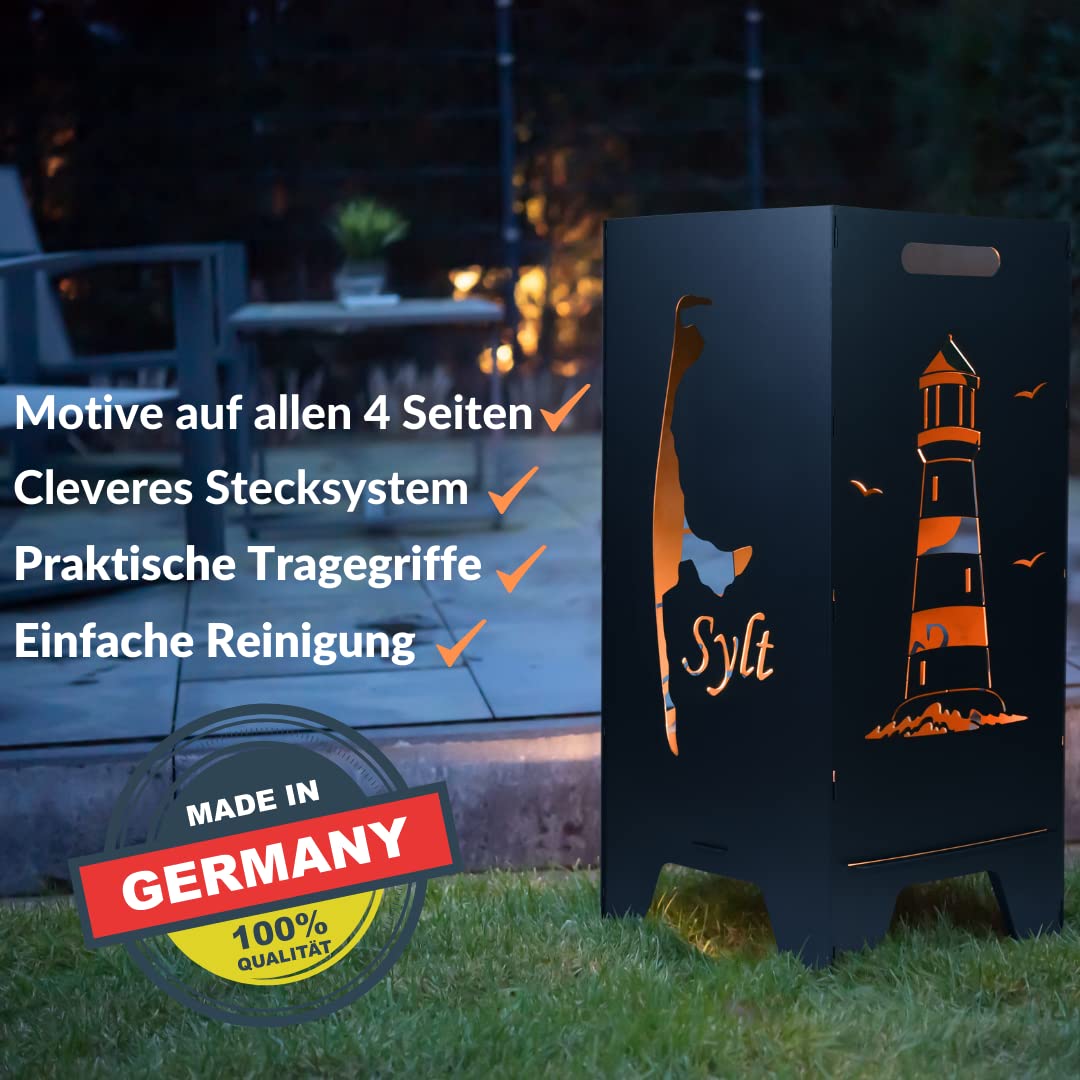 Feuertonne Mit Insel Motiv | Stabiles Stecksystem Mit Tragegriffen | Besonders Robust & Aus Hochwertigem Stahl | Für Eine Knisternde Gemütlichkeit In Deinem Garten (78cm Sylt)