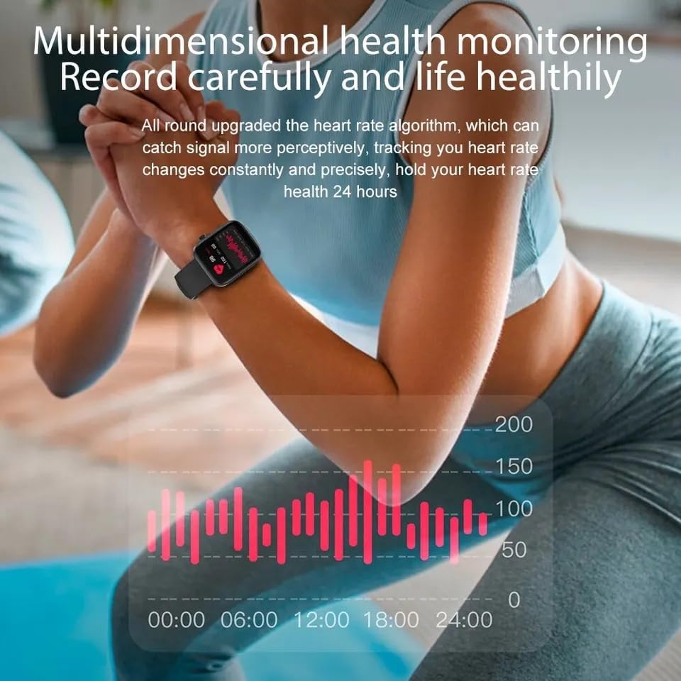 Person wearing a COLMI P71 Smart Watch during exercise, with a graph showing heart rate data.