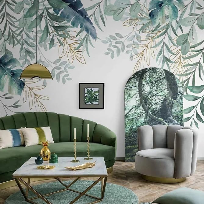 Papier peint effet 3D relief feuilles vertes plante tropicale pour grand mur TV 150x105cm