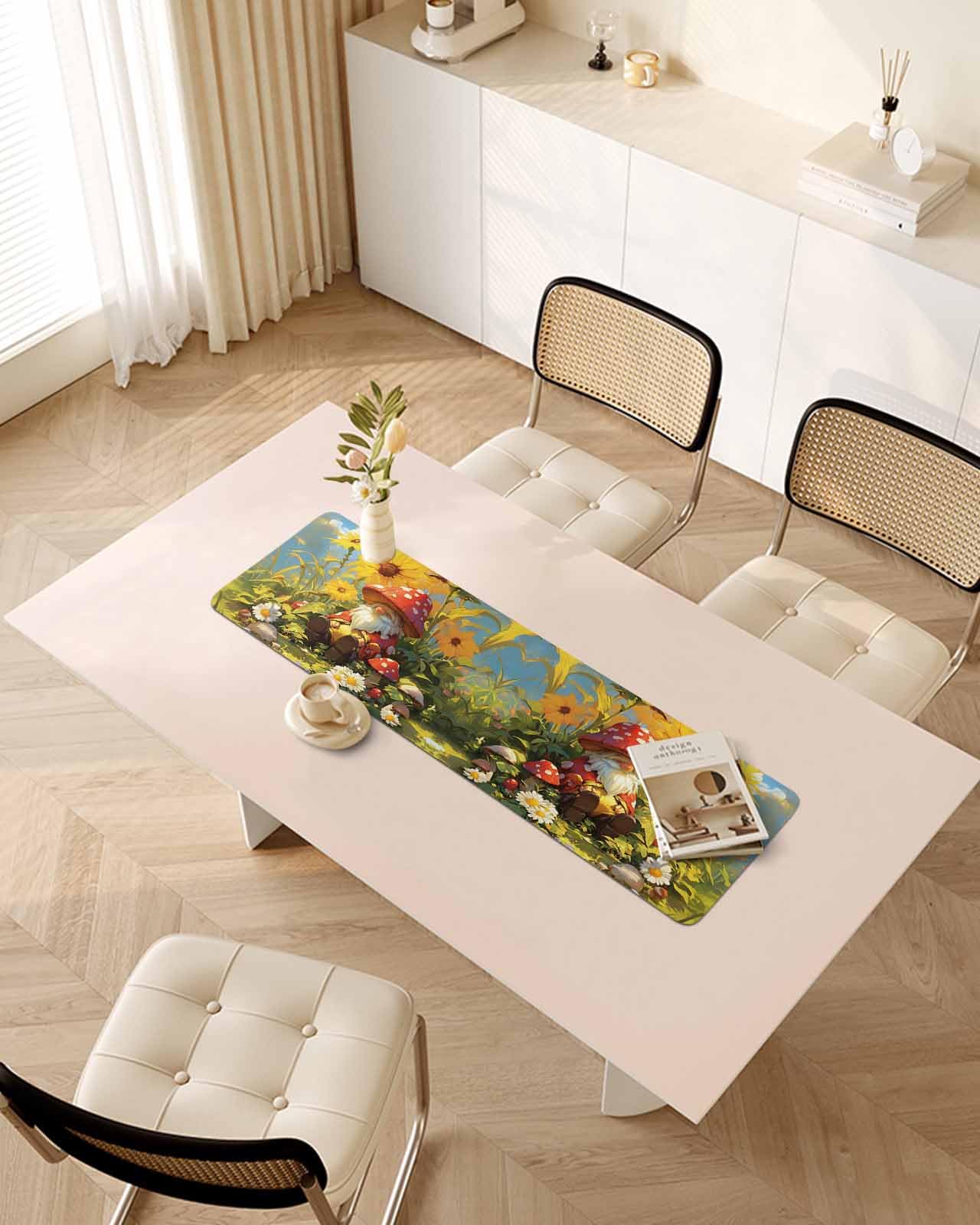 Debedcor Heat Proof Table Pads Waterproof Decorative, Fall Mushroom Gnomes Non-Slip Table Countertop Protector, Rustic Sunflower Daisy Insulation Mat for Dining Room, 48 x 12 Inches