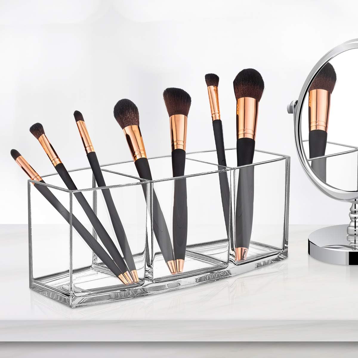 CACASO Clear Makeup Brush Organizer, Premium Acrylic Makeup Brush Holder Organizer 3 Compartments, Makeup Brush Display Holder Cosmetic Storage