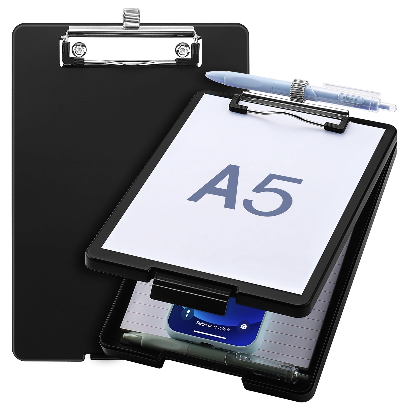 Small Clipboard with Storage, A5 Clipboards with Pen Holder, Half Letter Clip Boards 6x9 Mini Plastic Clipboard with Low Profile Clip for Classroom, School, Office Supplies (Black)