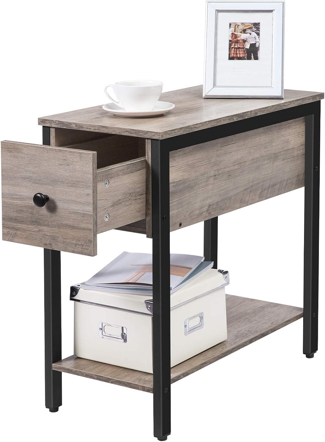 HOOBRO Side Table, 2-Tier Nightstand with Drawer, Narrow End Table for Small Spaces, Stable and Sturdy Construction, Wood Look Accent Furniture with Metal Frame, Greige and Black BG04BZ01