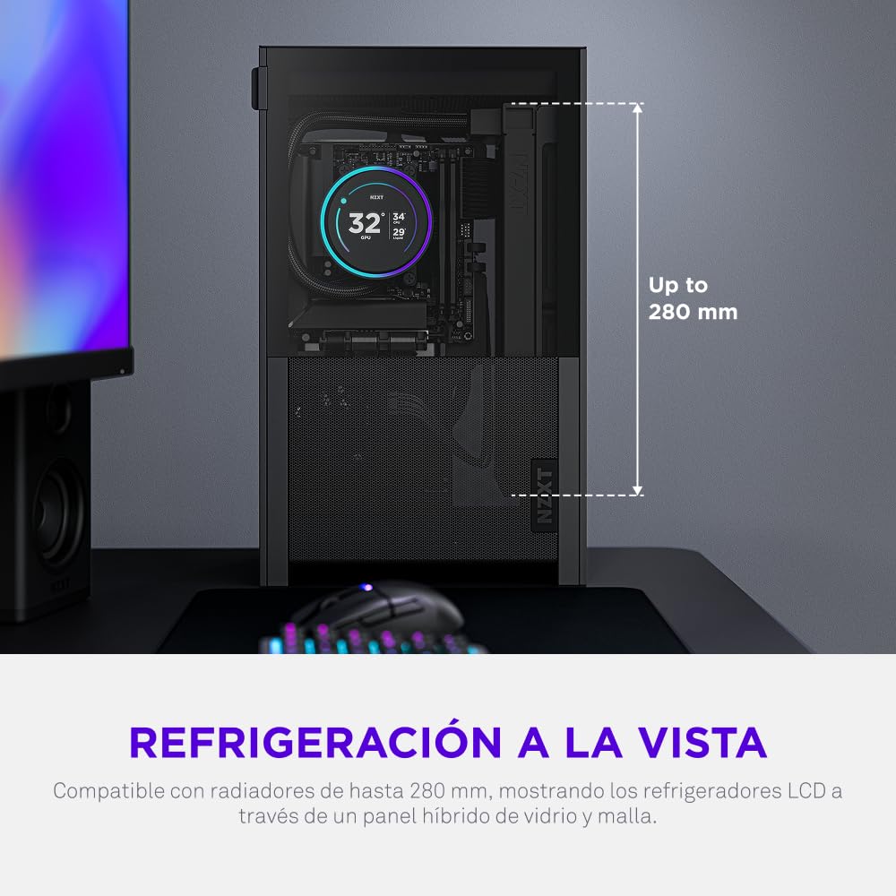 NZXT H2 Flow – Caja para PC Mini-ITX de 20,7 L con Alto Flujo de Aire – Incluye 2 Ventiladores Superiores de 120 mm y Cable Elevador PCIe 5.0 – GPU de 331 mm – Radiador de 280 mm – Negro
