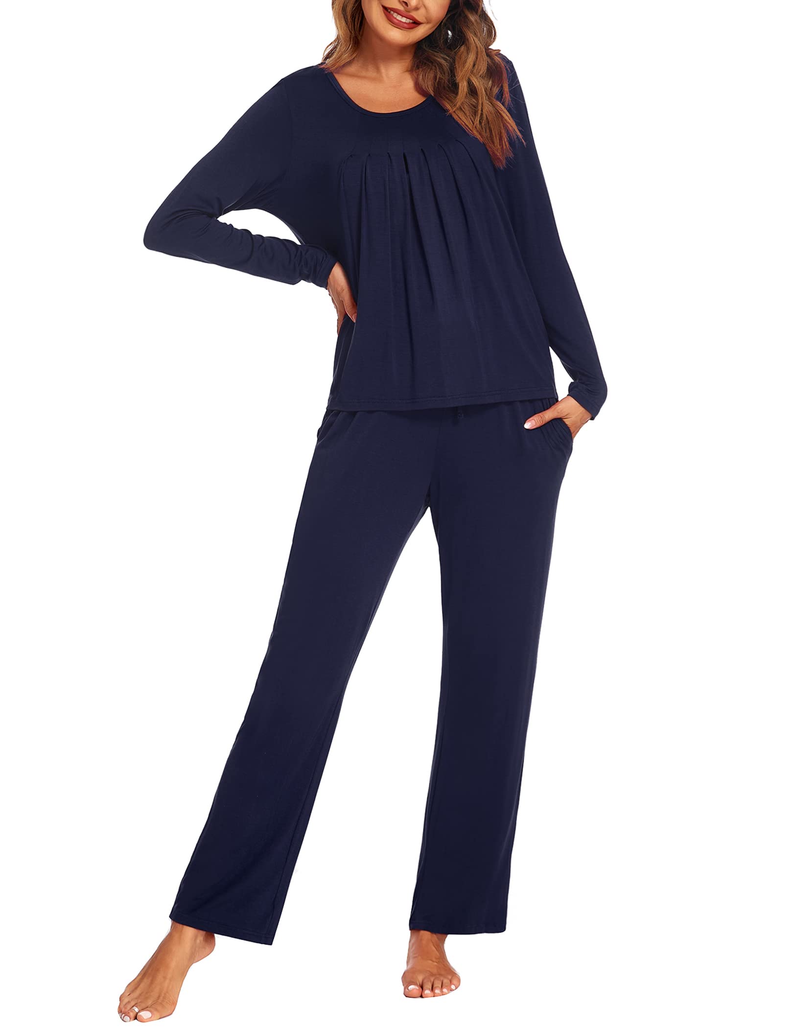 Ekouaer Pigiama Donna Invernale Caldo Pigiami Invernali Pigiama Due Pezzi Tasche con Coulisse, S-XXL