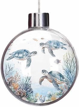 Christmas Balls Ornament for Xmas Tree Hanging, Sea Turtle Coastal Clear Ornaments for Crafts Fillable, Summer Beach Coral Ocean Blue Nautical 3.5" Ball Christmas Tree Party Decorations